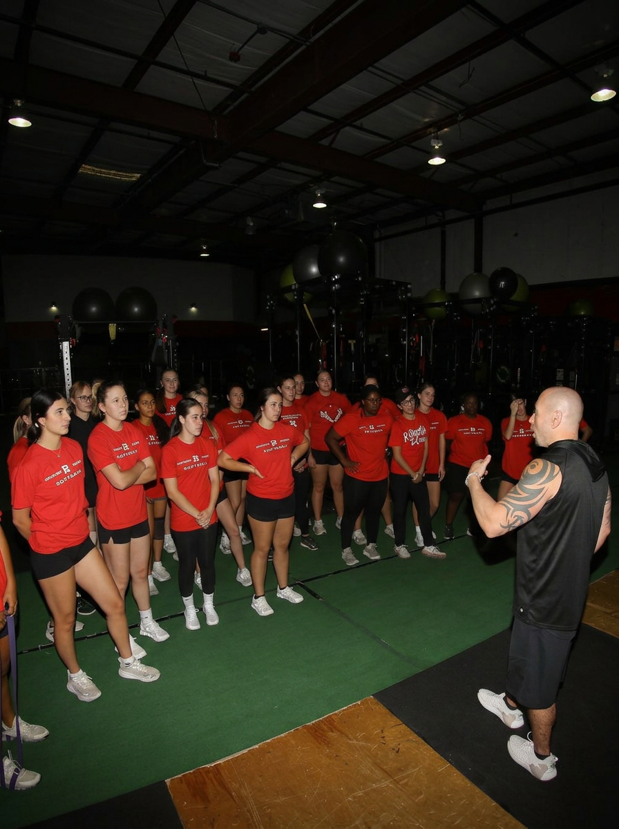 Coach Rob addressing a team of athletes in red shirts inside the gym